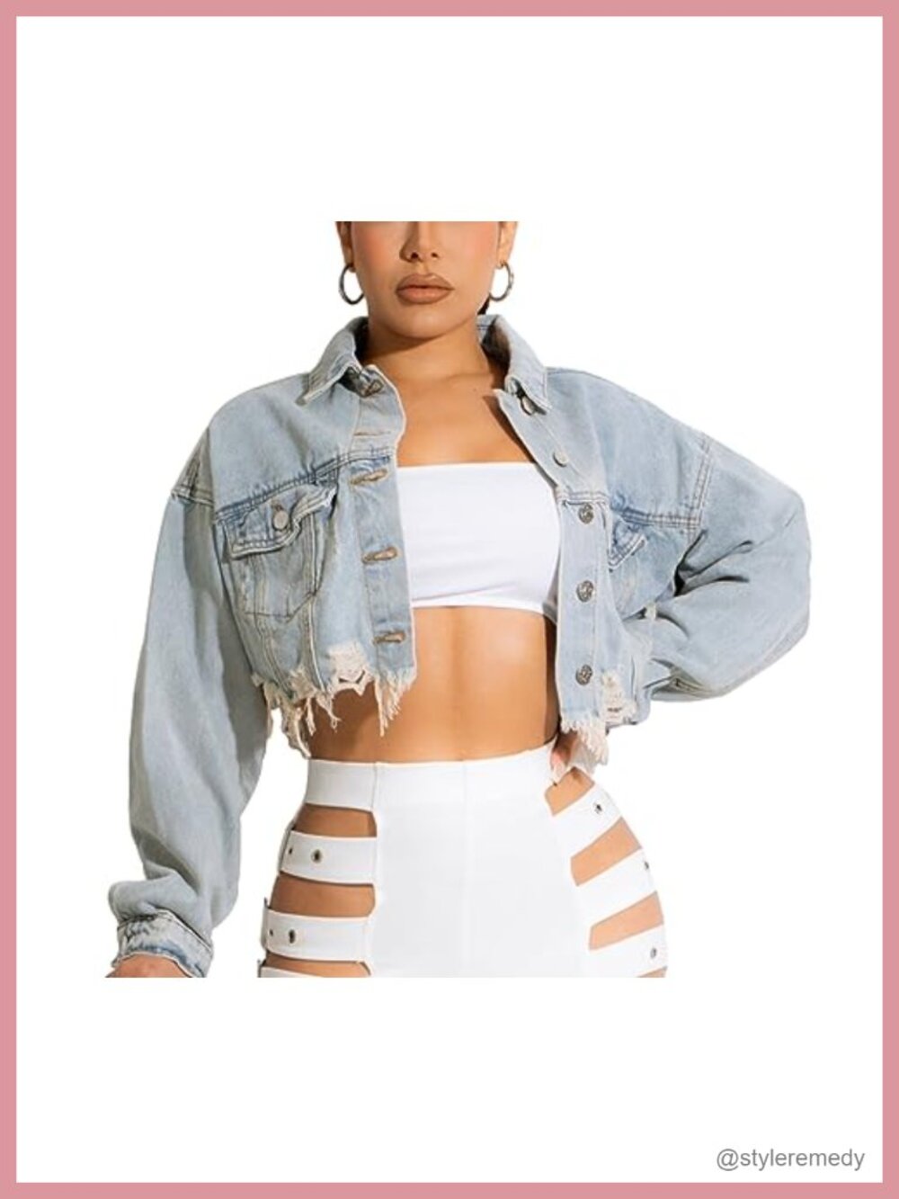 Women's Cropped Denim Jacket Distressed Ripped Frayed Hem Long Sleeve Button Up